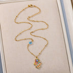 Necklace with multicolor Arabic evil eye and Hamsa protection pendant