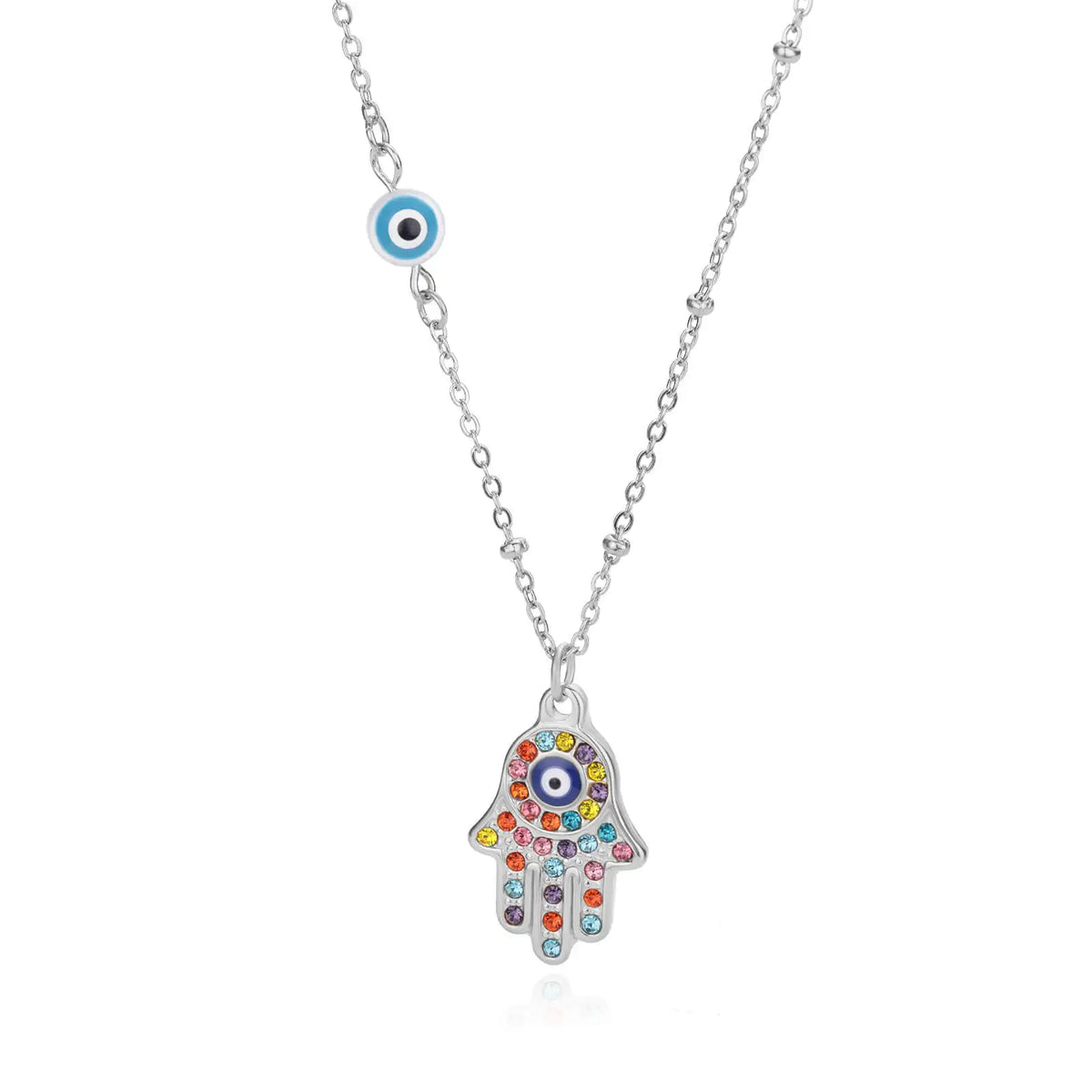 Necklace with multicolor Arabic evil eye and Hamsa protection pendant in silver
