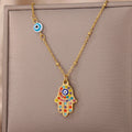 Necklace with multicolor Arabic evil eye and Hamsa protection pendant in gold