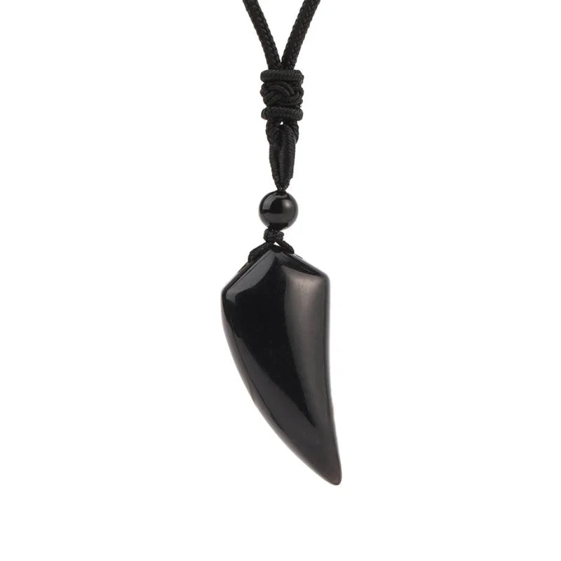 Necklace with Natural Stone Shark Tooth Pendant Obsidian