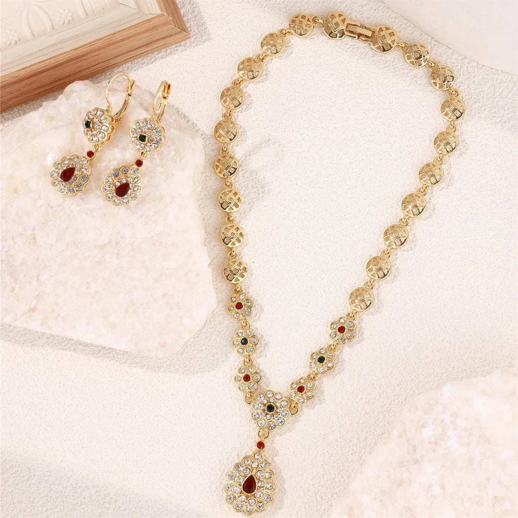 Traditional Arabic wedding necklace with pendant and drop earrings in red