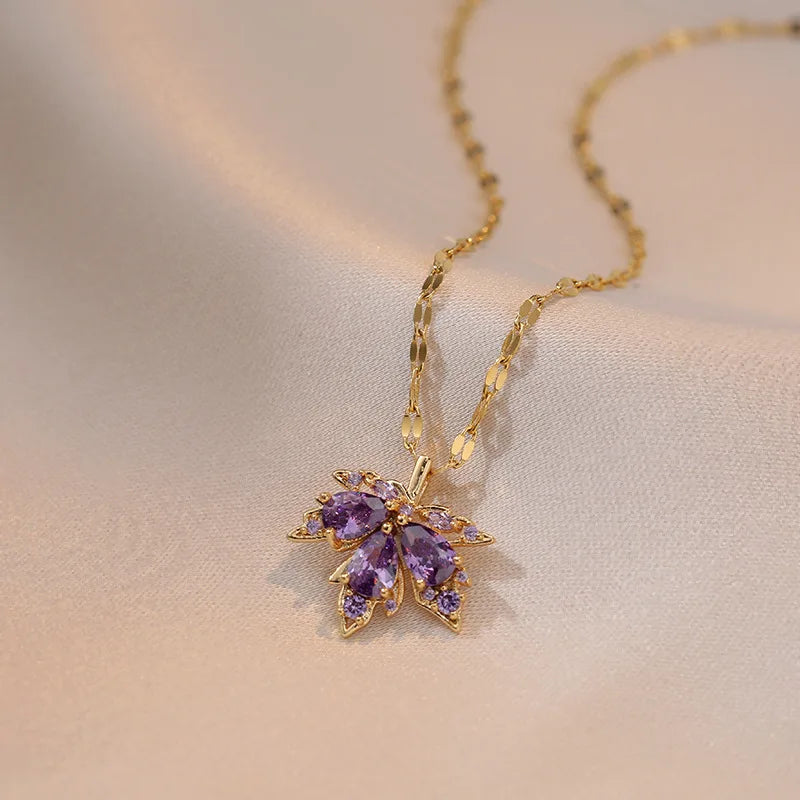 Necklace with Colorful Maple Leaf Pendant purple