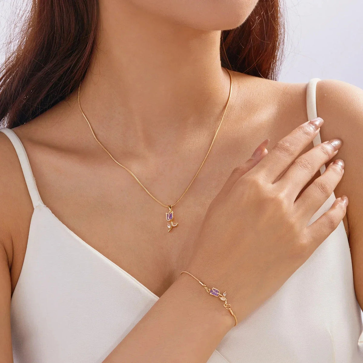 Necklace with Violet Zircon Tulip Flower Pendant