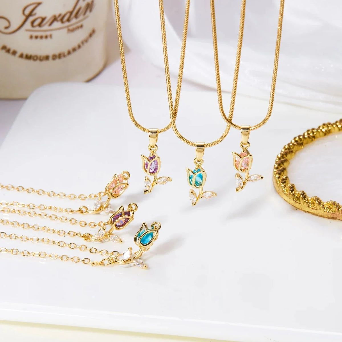 Necklace with Pink Zircon Tulip Flower Pendant