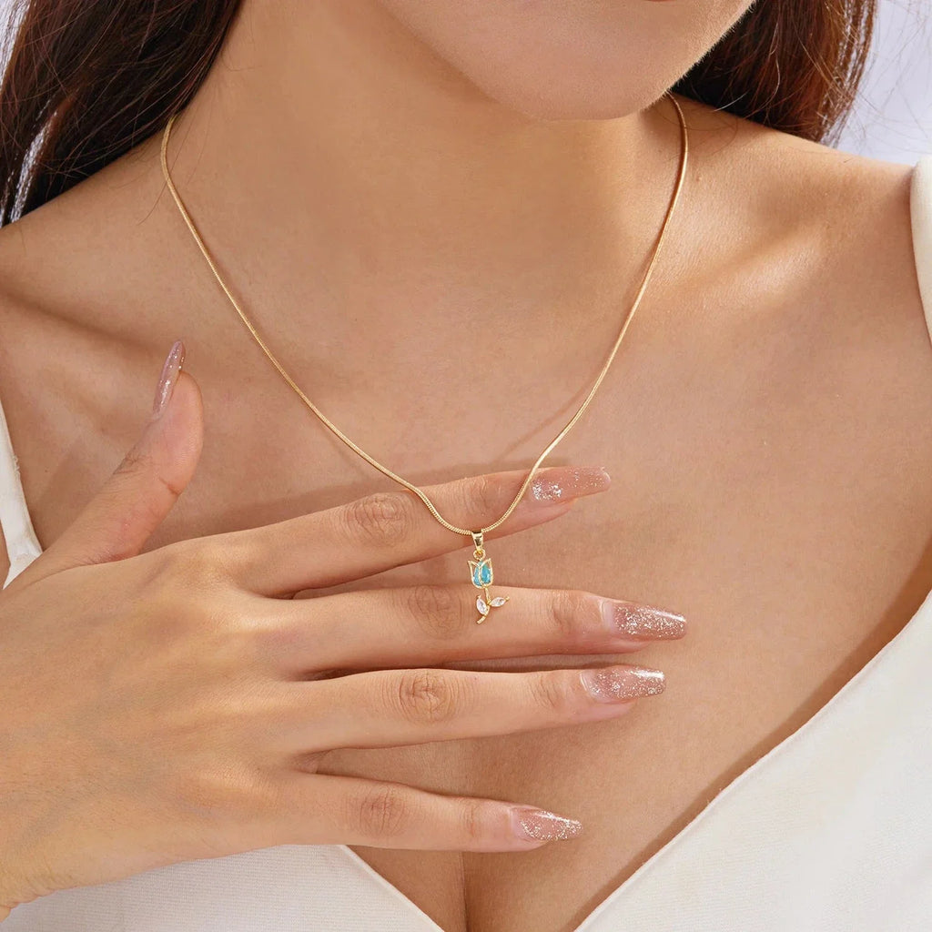 Necklace with Green Zircon Tulip Flower Pendant