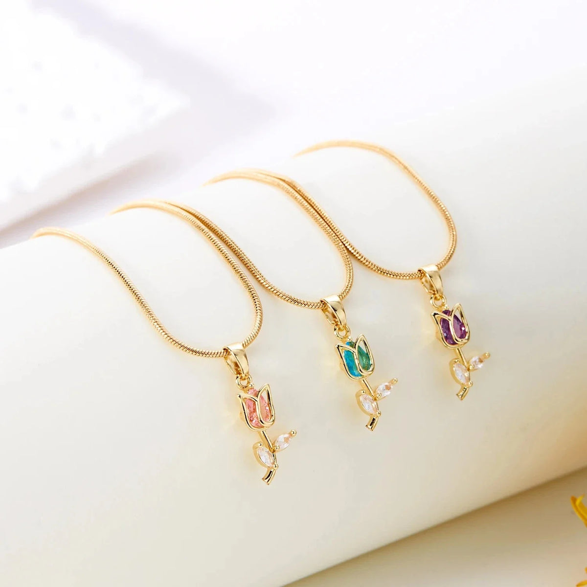 Necklace with Pink Zircon Tulip Flower Pendant