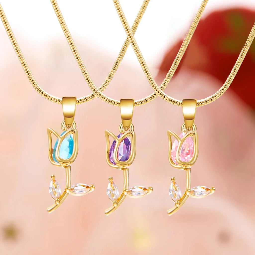 Necklace with Violet Zircon Tulip Flower Pendant