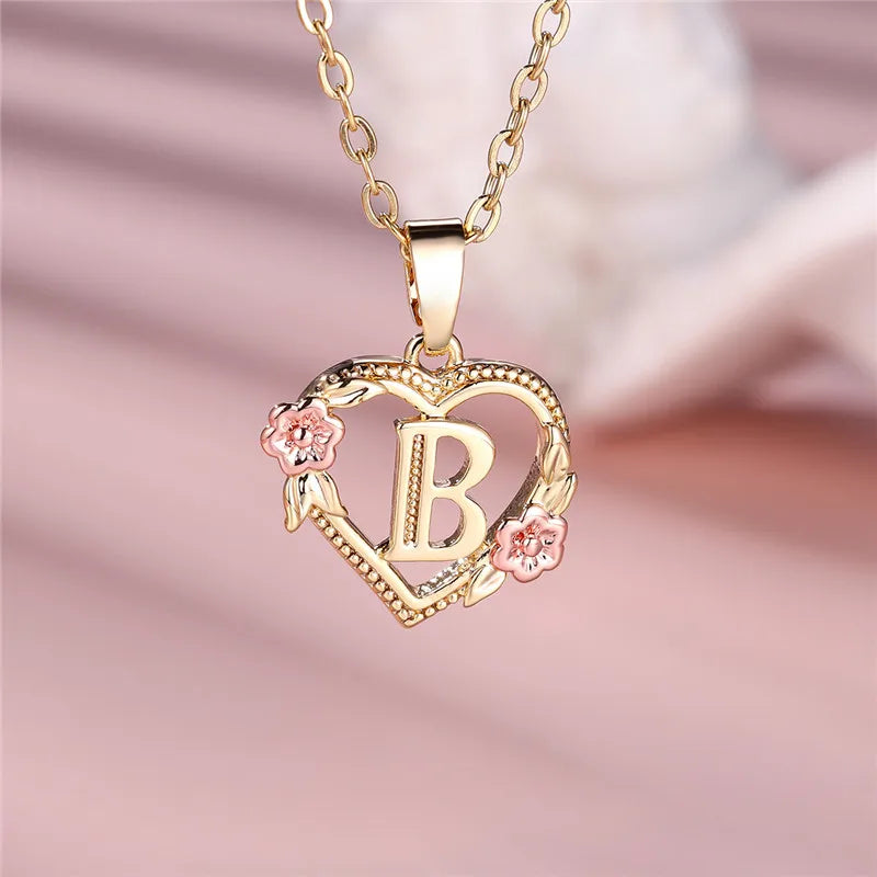Heart and Flower Initial Pendant Necklace b