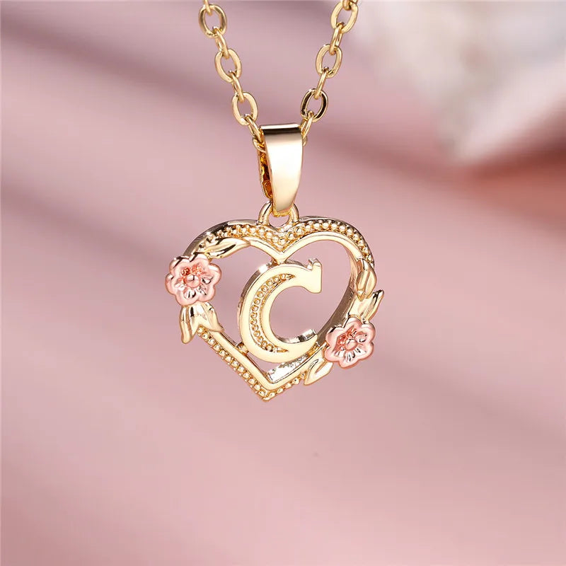 Heart and Flower Initial Pendant Necklace c