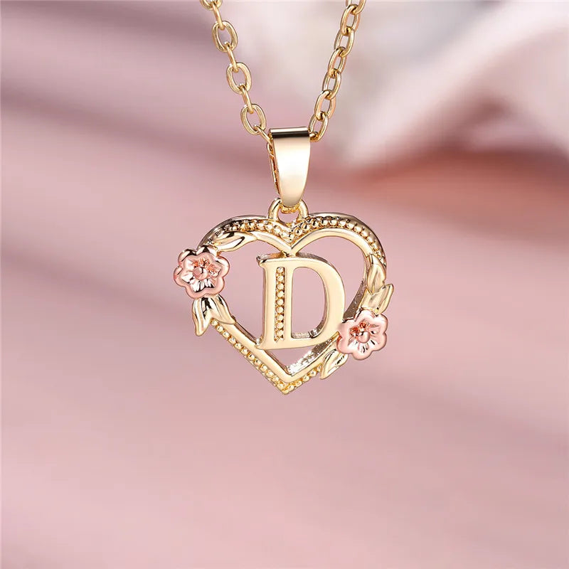 Heart and Flower Initial Pendant Necklace d
