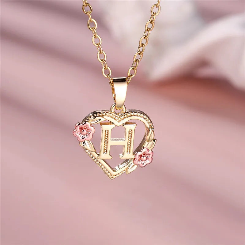 Heart and Flower Initial Pendant Necklace h