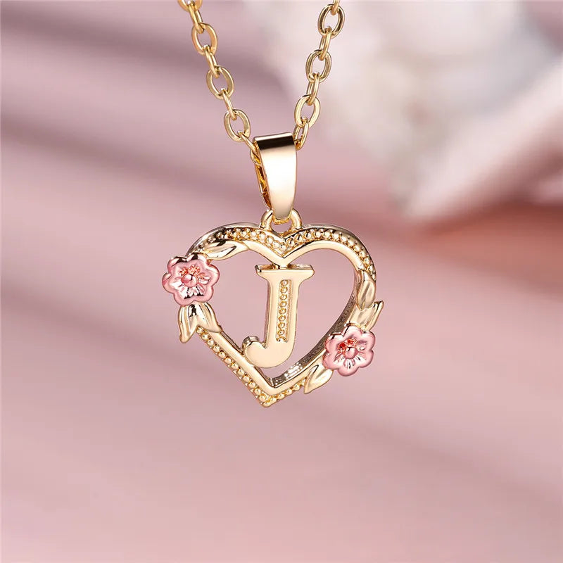 Heart and Flower Initial Pendant Necklace j