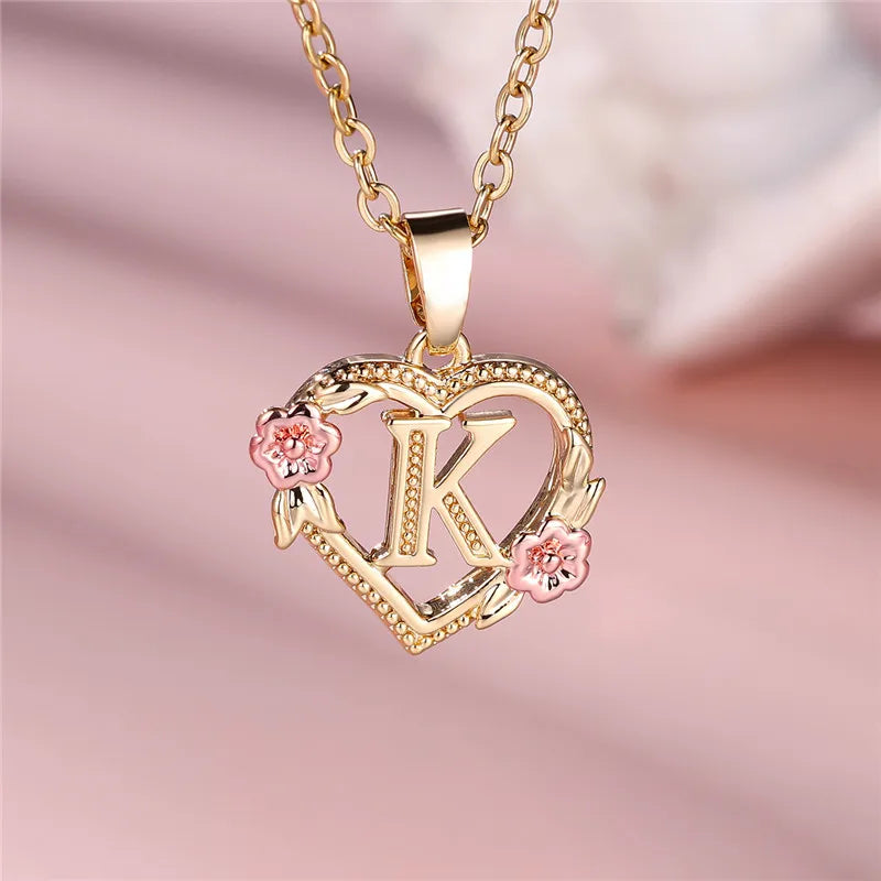 Heart and Flower Initial Pendant Necklace k