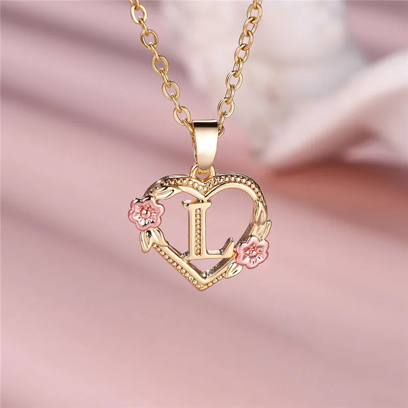 Heart and Flower Initial Pendant Necklace l