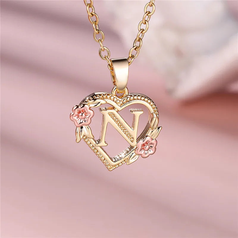 Heart and Flower Initial Pendant Necklace n