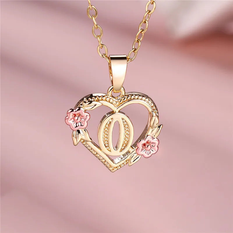 Heart and Flower Initial Pendant Necklace o
