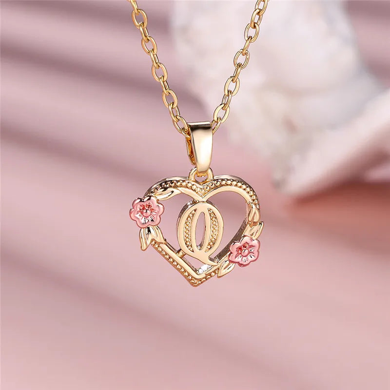 Heart and Flower Initial Pendant Necklace q