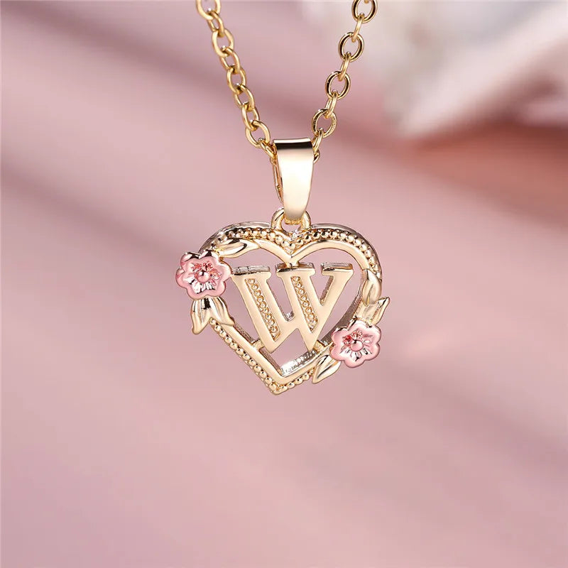 Heart and Flower Initial Pendant Necklace w