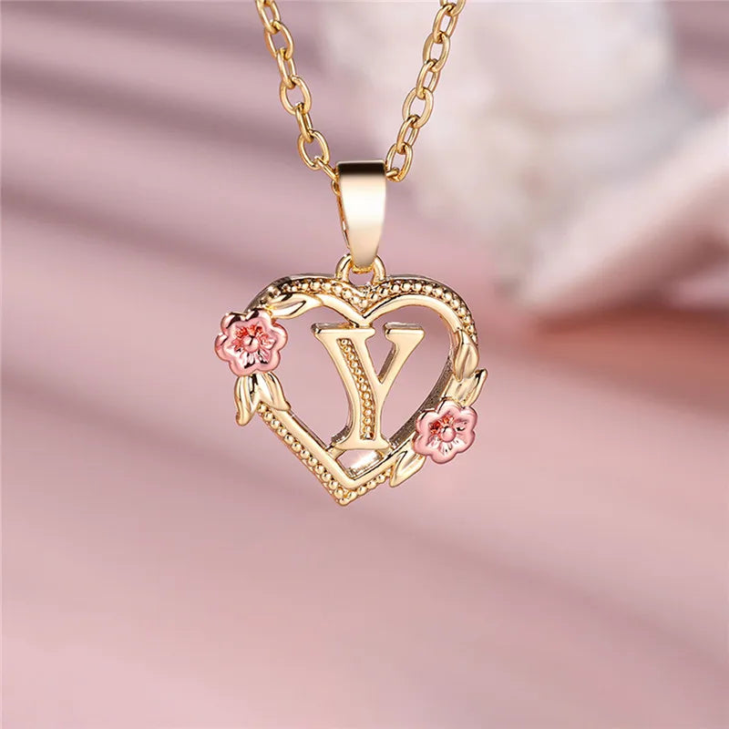 Heart and Flower Initial Pendant Necklace y
