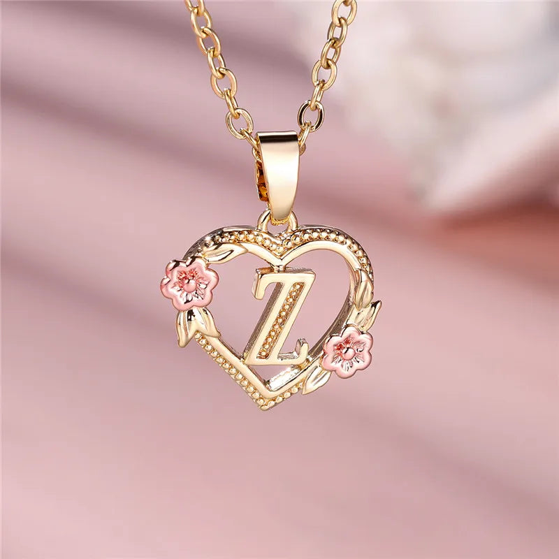 Heart and Flower Initial Pendant Necklace z