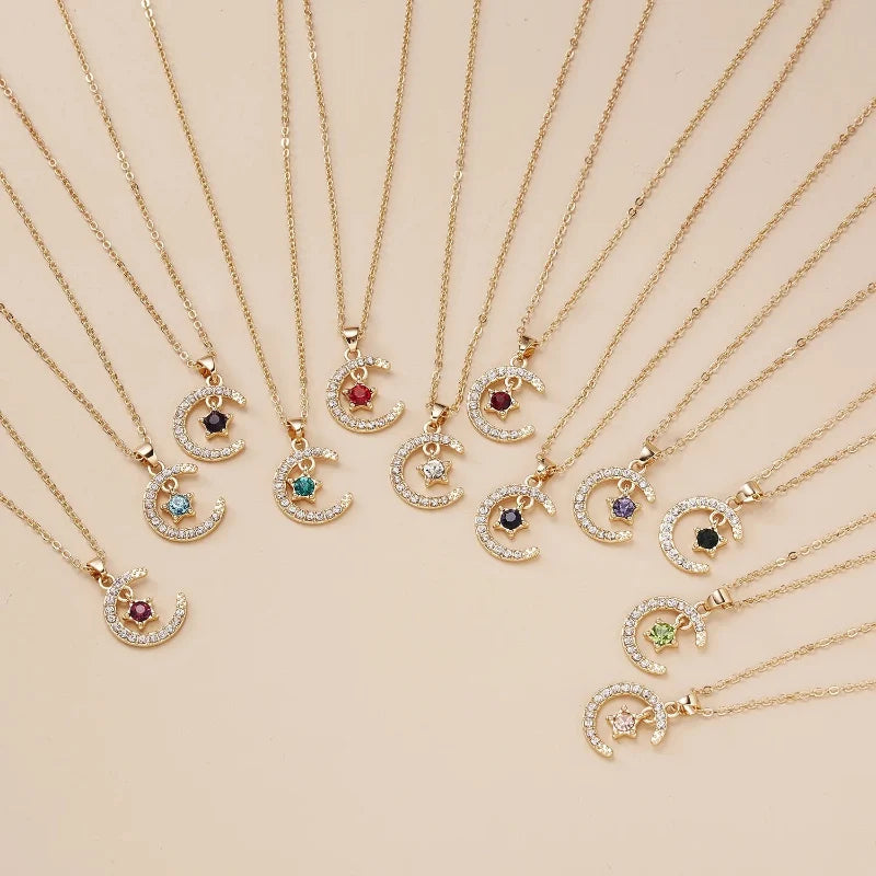 Moon Pendant Necklace with Rhinestone Birthstone
