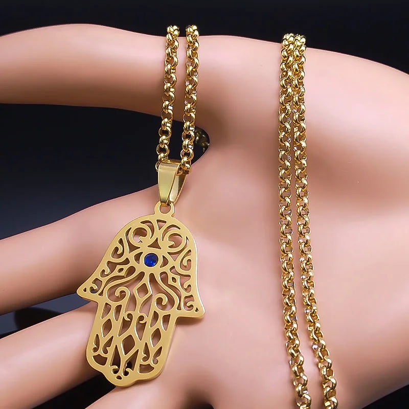 Necklace with evil eye protection pendant and Arabic Muslim Hamsa hand in gold