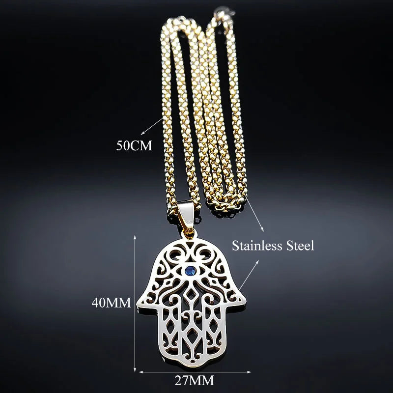 Necklace with evil eye protection pendant and Arabic Muslim Hamsa hand