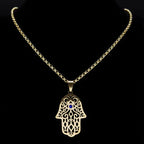 Necklace with evil eye protection pendant and Arabic Muslim Hamsa hand in gold
