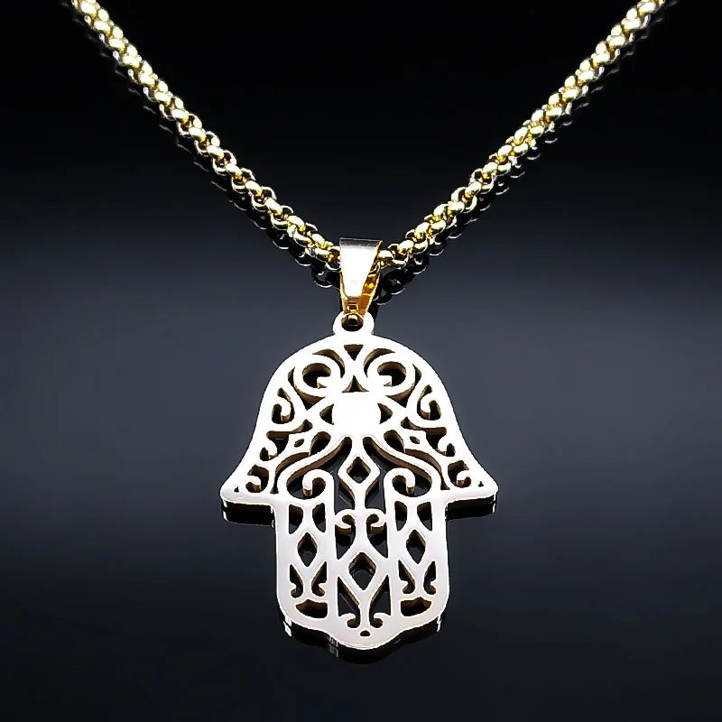 Necklace with evil eye protection pendant and Arabic Muslim Hamsa hand