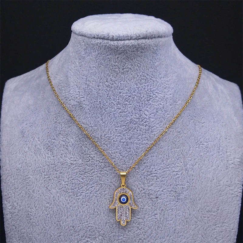 Long necklace with evil eye protection pendant and Arabic Hamsa hand