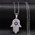 Long necklace with evil eye protection pendant and Arabic Hamsa hand in silver