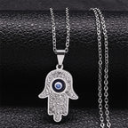 Long necklace with evil eye protection pendant and Arabic Hamsa hand in silver