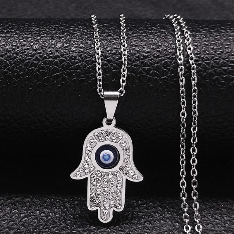 Long necklace with evil eye protection pendant and Arabic Hamsa hand in silver