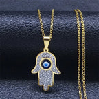 Long necklace with evil eye protection pendant and Arabic Hamsa hand in gold