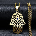 Necklace with evil eye protection pendant and Arabic Muslim Hamsa hand in gold