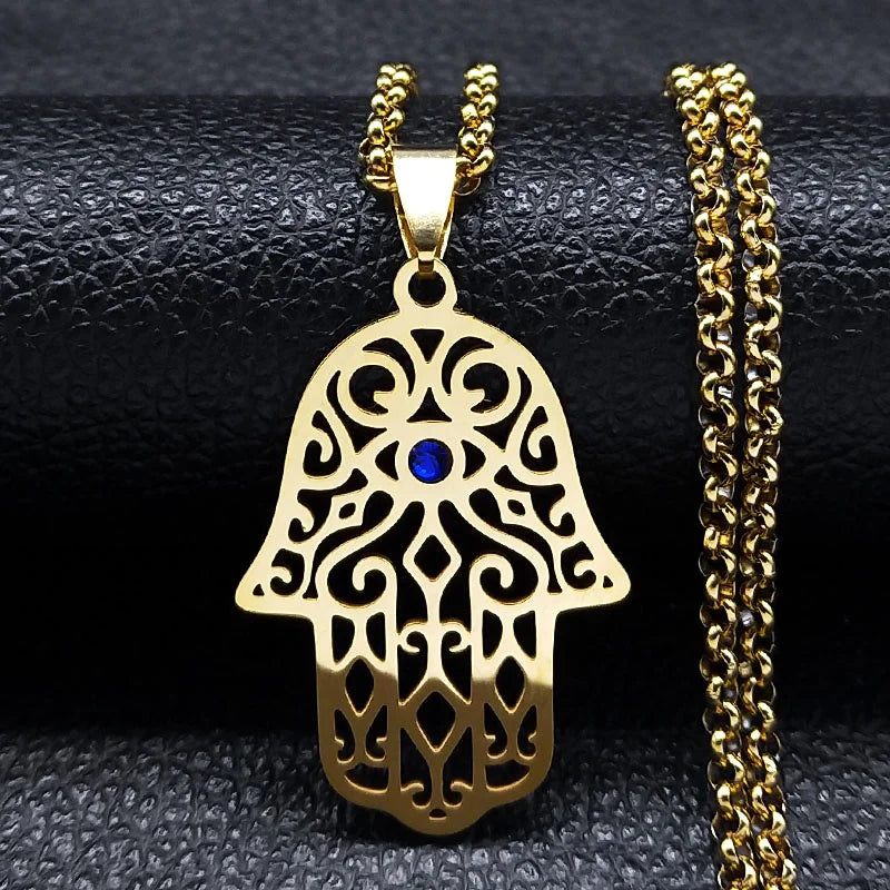 Necklace with evil eye protection pendant and Arabic Muslim Hamsa hand in gold