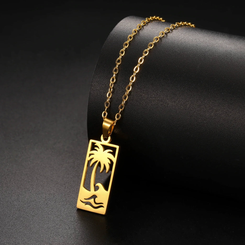 Palm Tree and Beach Wave Pendant Necklace in Gold
