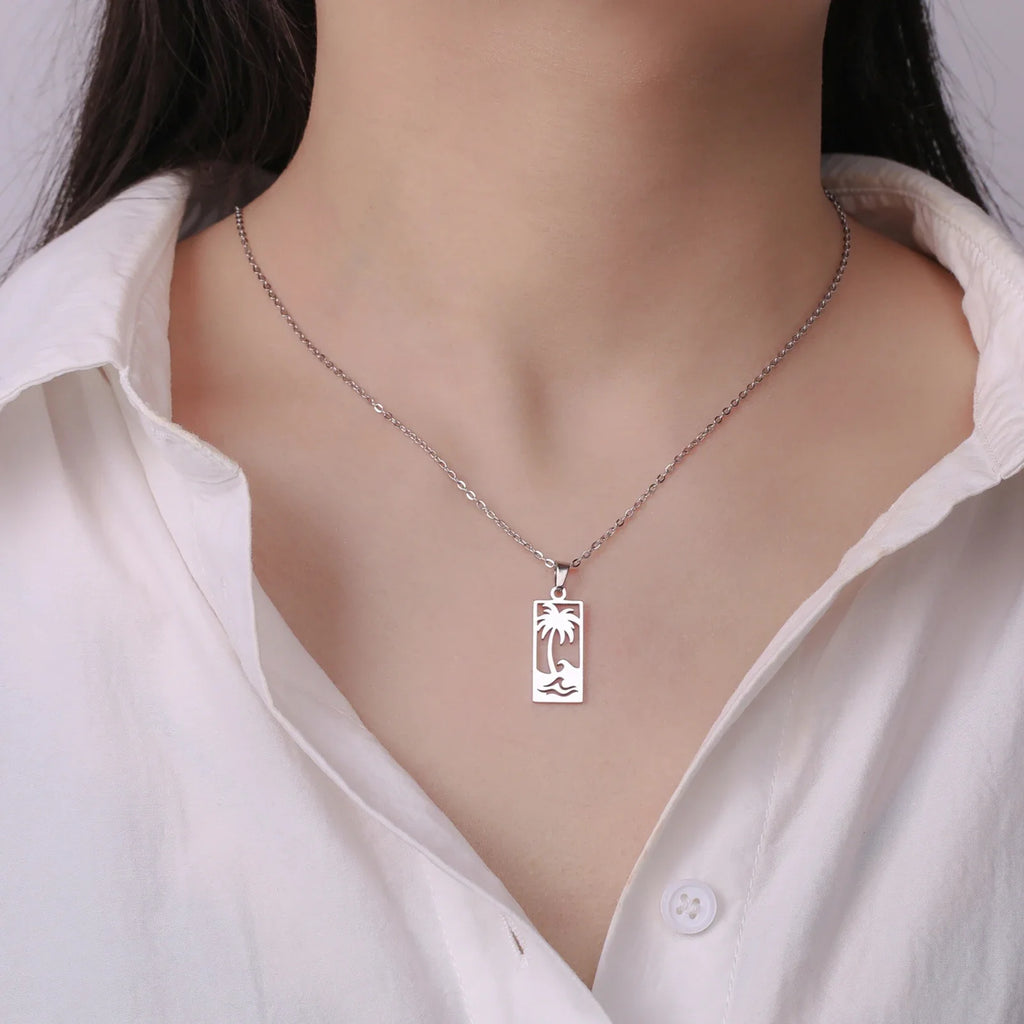 Palm Tree and Beach Wave Pendant Necklace in Silver