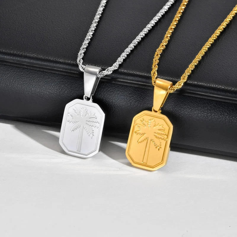 Necklace with Rectangular Palm Tree Pendant, gold
