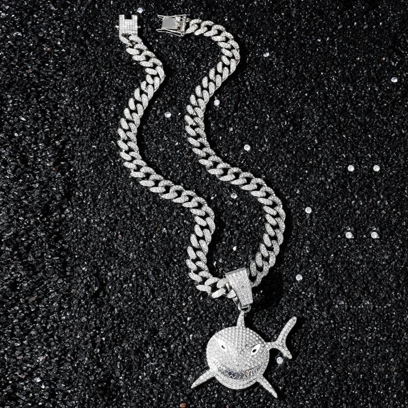 Necklace with Silver Rhinestone Shark Pendant