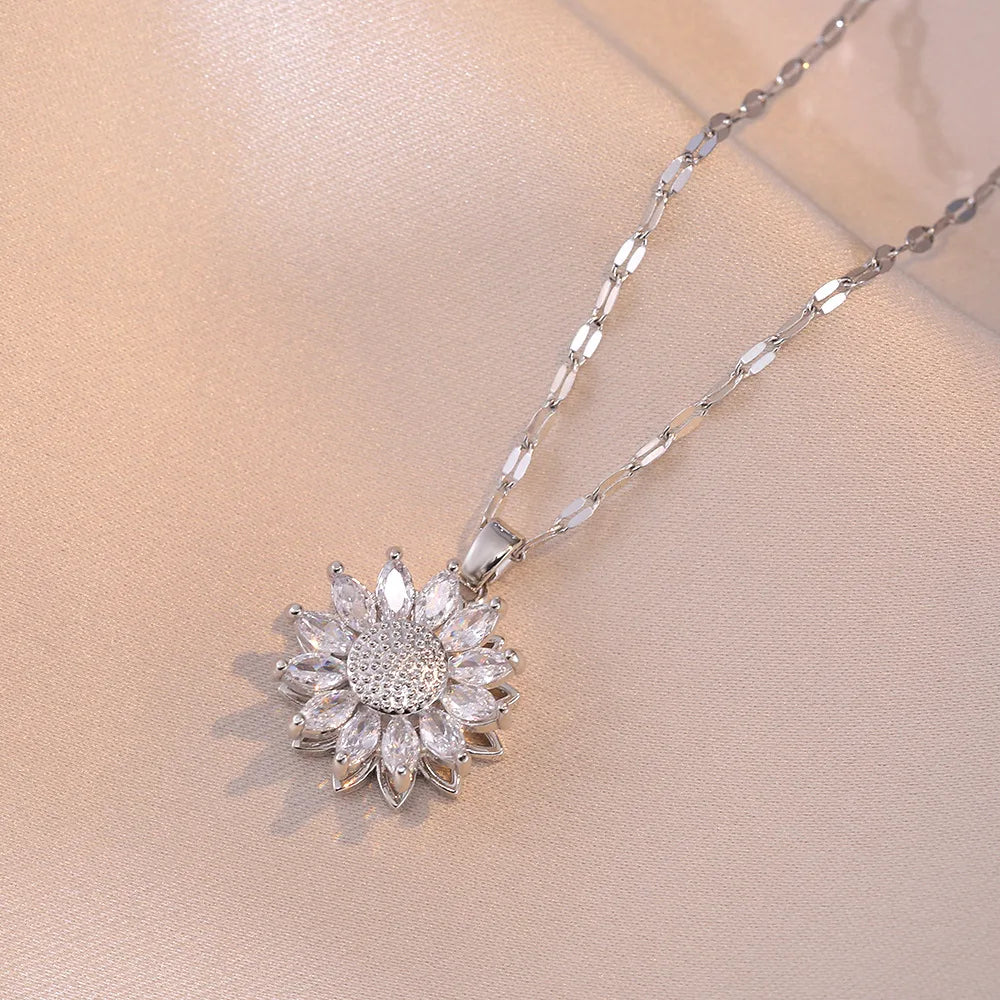 Rotating Flower Zircon Anxiety Pendant Necklace silver