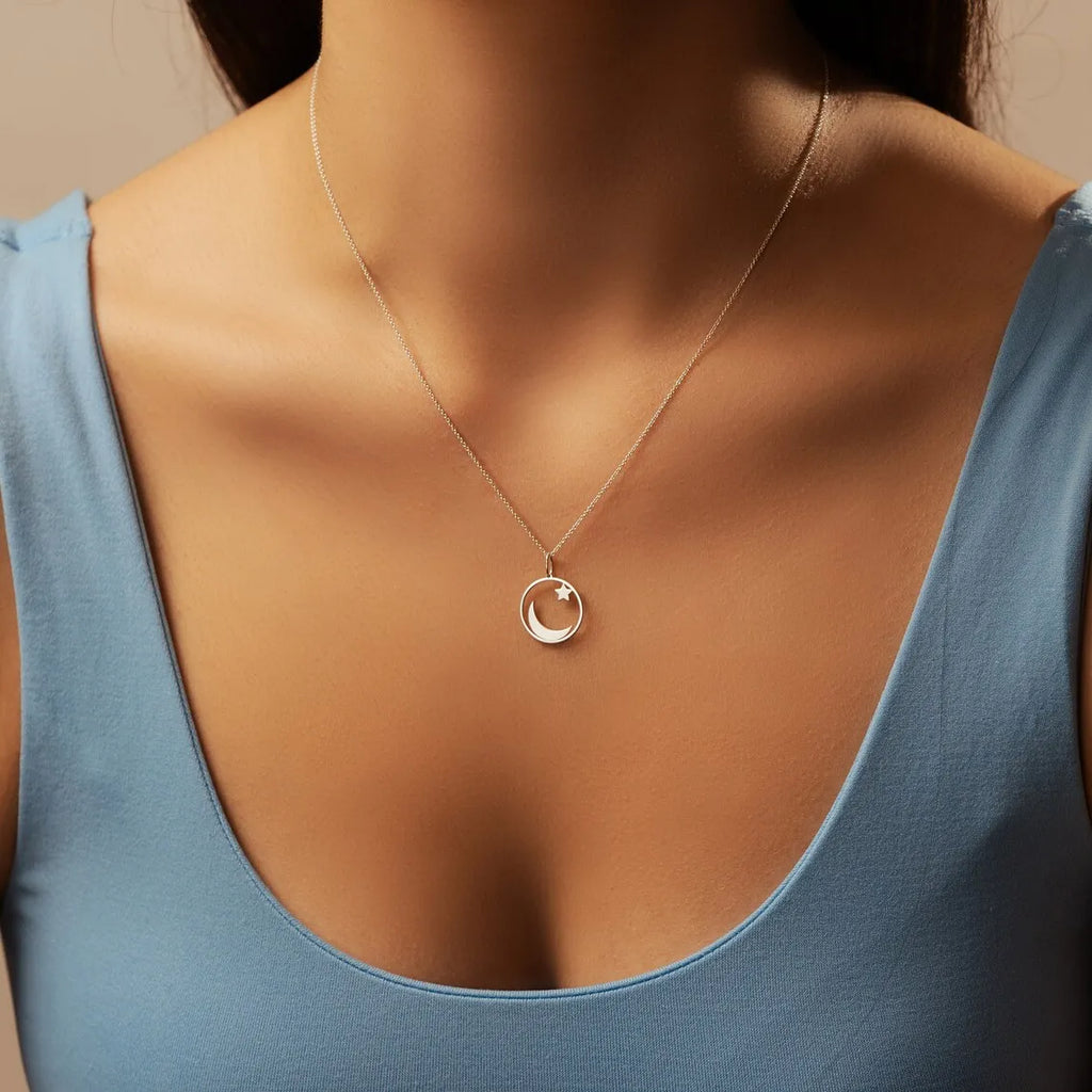 Necklace with symbolic Islamic crescent moon and star pendant, Arabic silver