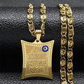 Long necklace with Arabic Ayatul Kursi amulet pendant, Islamic Muslim, gold