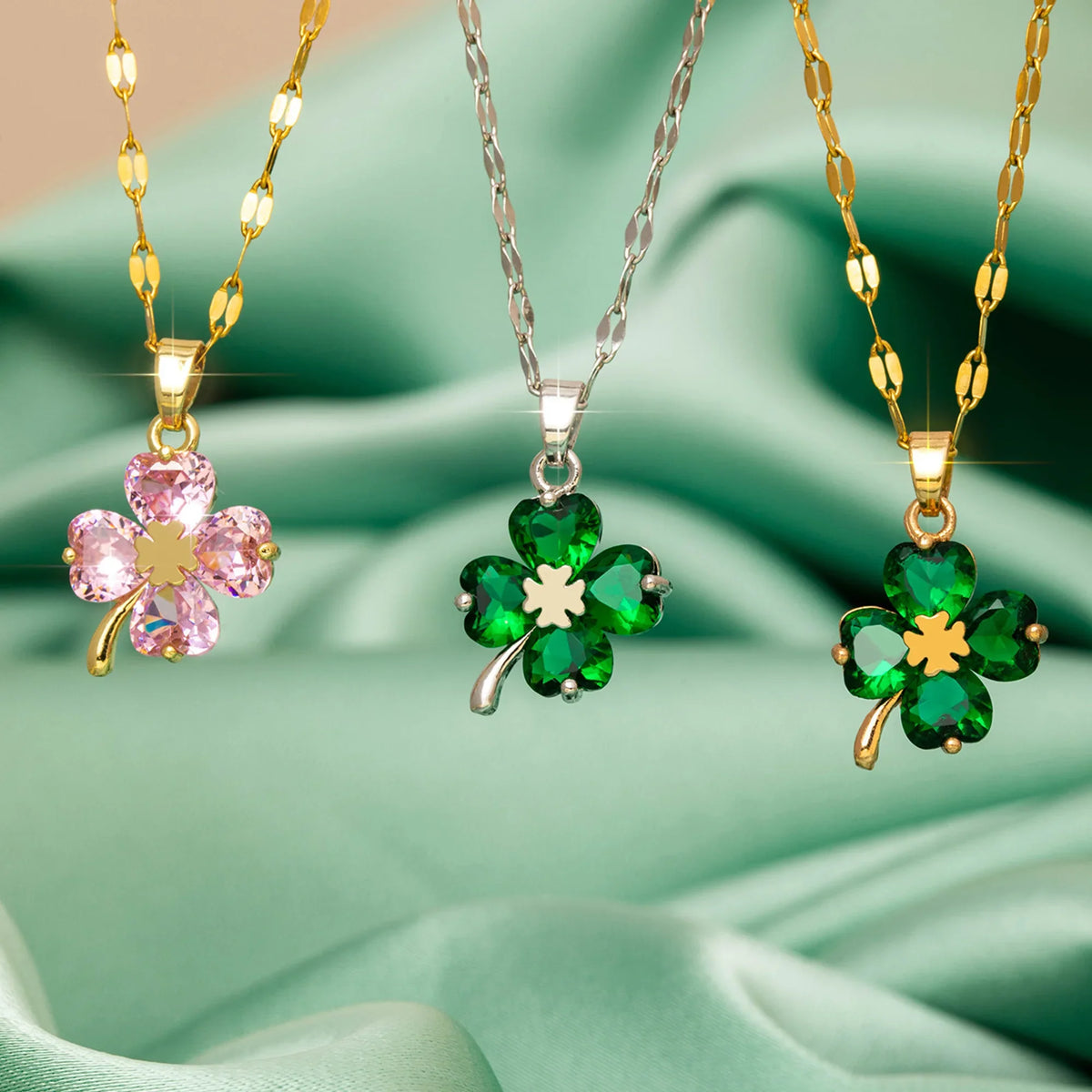 Necklace with Colorful Four-Leaf Clover Pendant in gold and rose