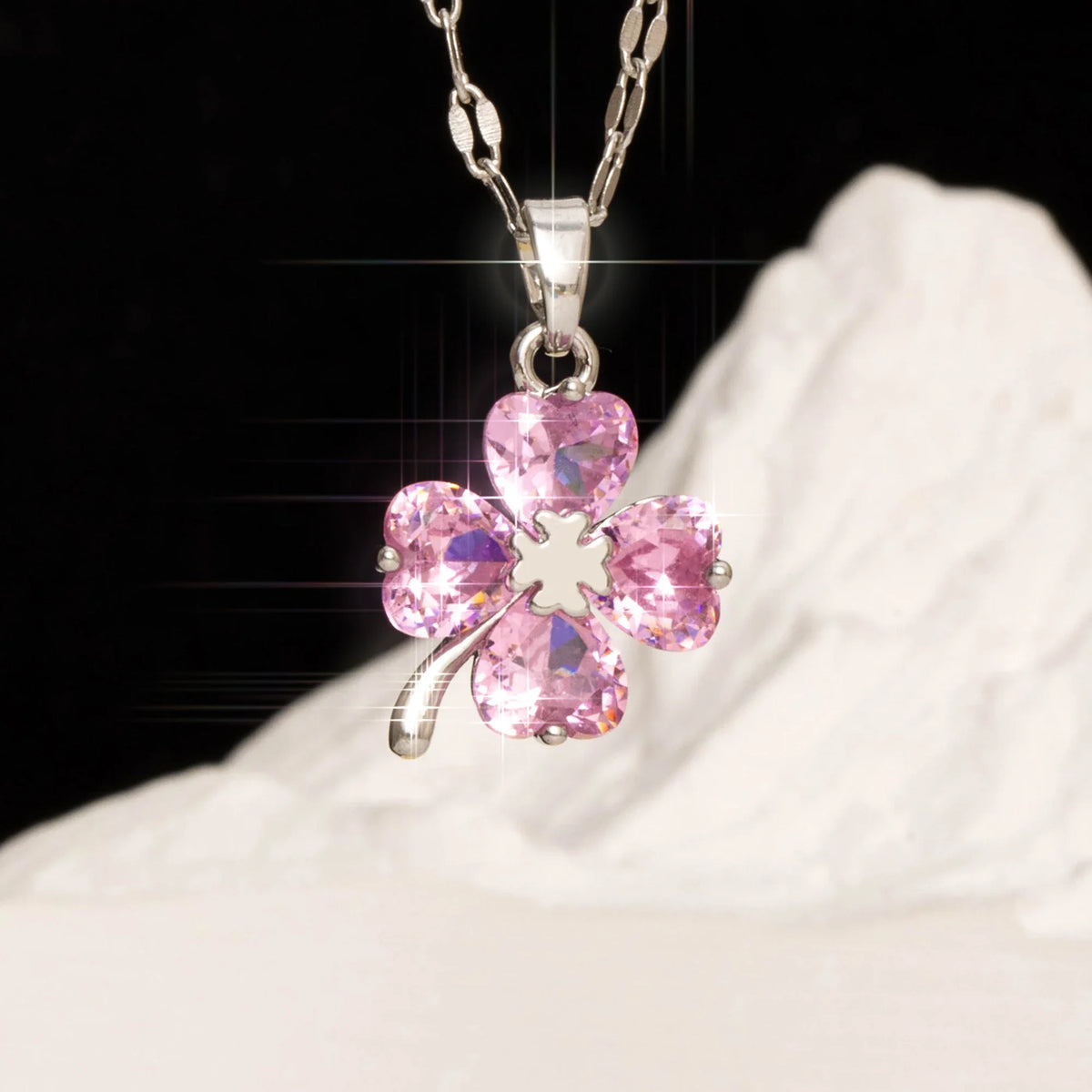 Necklace with Colorful Four-Leaf Clover Pendant in silver and rose