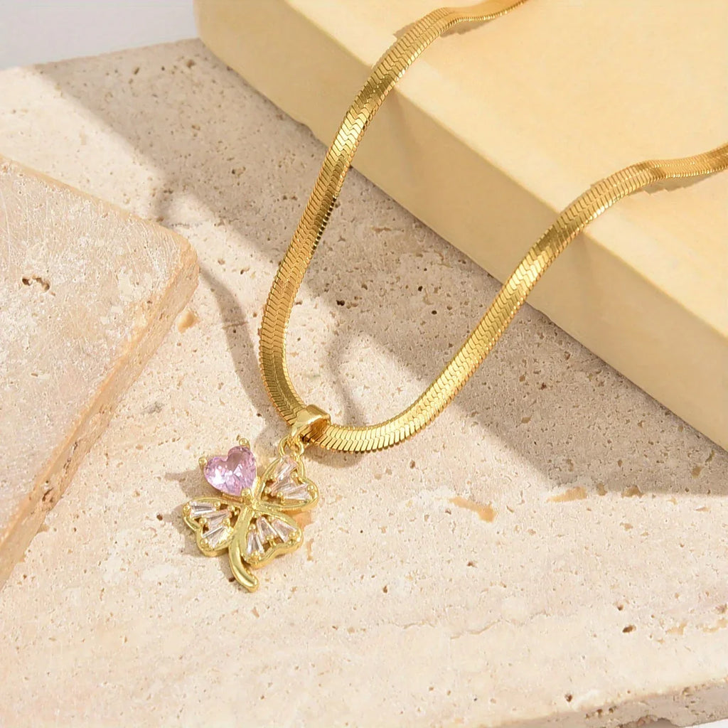 Necklace with Four-Leaf Clover Lucky Charm Pendant and Zircon
