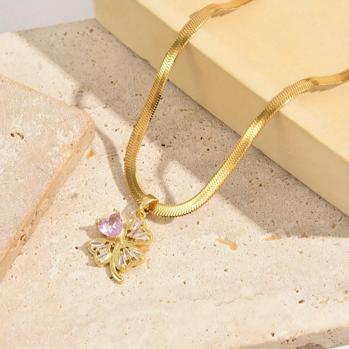Necklace with Four-Leaf Clover Lucky Charm Pendant and Zircon