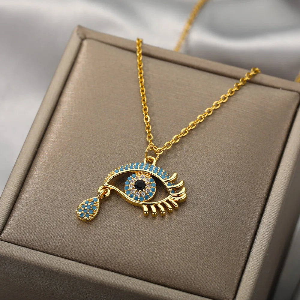 Necklace with Blue Turkish Evil Eye Zircon Pendant and Gold Tone
