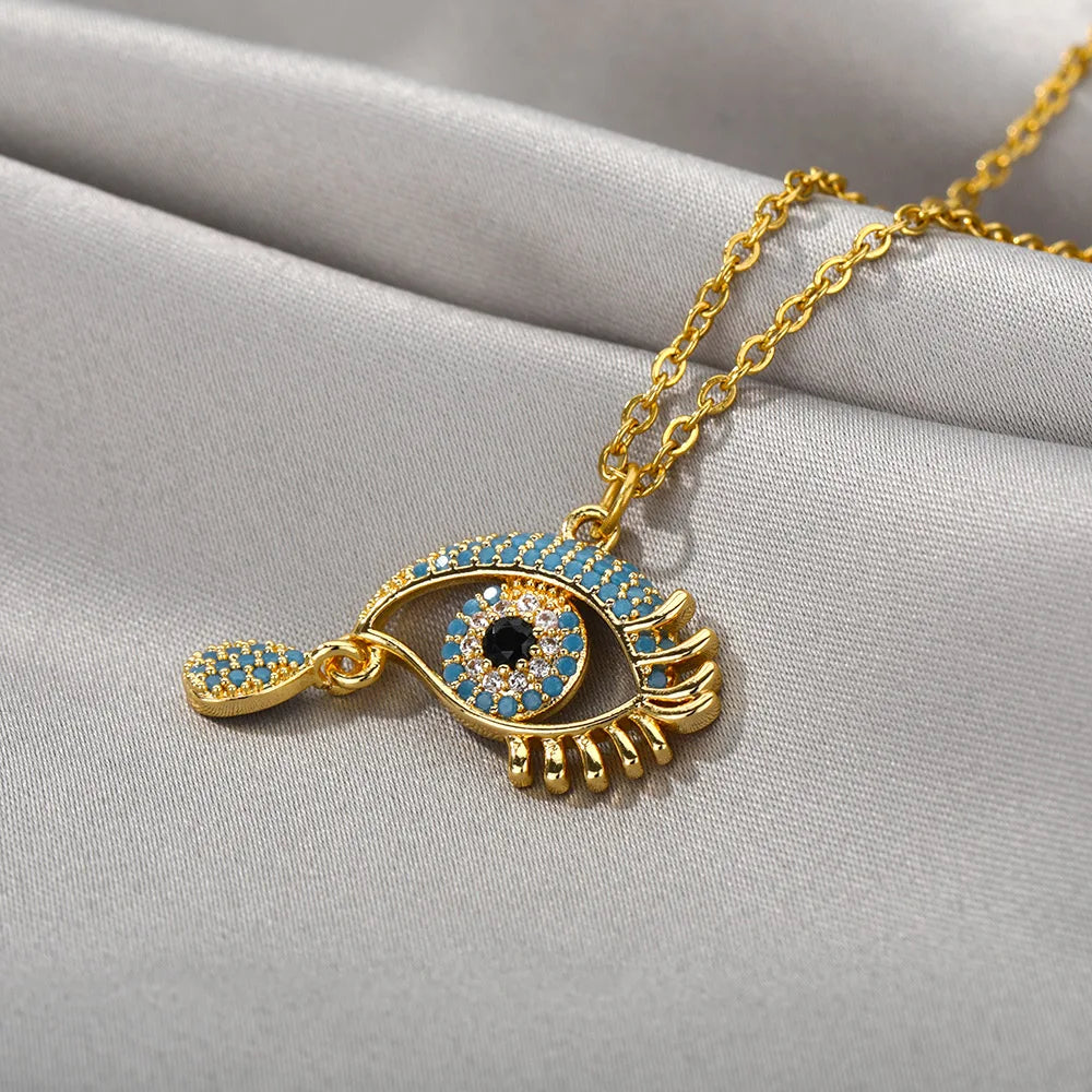 Necklace with Blue Turkish Evil Eye Zircon Pendant and Gold Tone