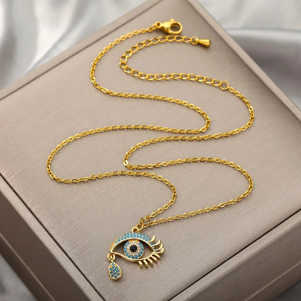 Necklace with Blue Turkish Evil Eye Zircon Pendant and Gold Tone
